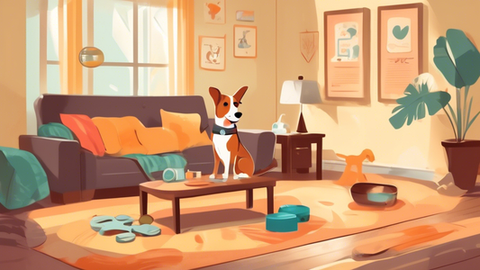 A cozy living room with a cheerful dog wearing a 'no marking' training vest, surrounded by furniture and décor. Clear signs of preventative measures, such as training pads and positive reinforcement t
