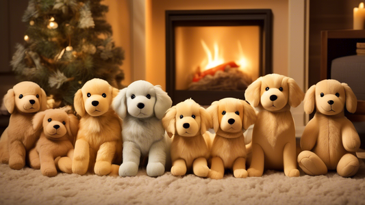 Create an image featuring a collection of adorable stuffed Golden Retriever toys arranged in a cozy, inviting setting. The stuffed animals should look soft and plush, with lifelike details, and some c