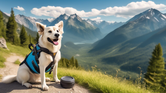 Create an image of a happy dog wearing a well-equipped backpacking harness, standing beside a scenic mountain trail. The dog should be surrounded by essential gear like a collapsible water bowl, dog-f