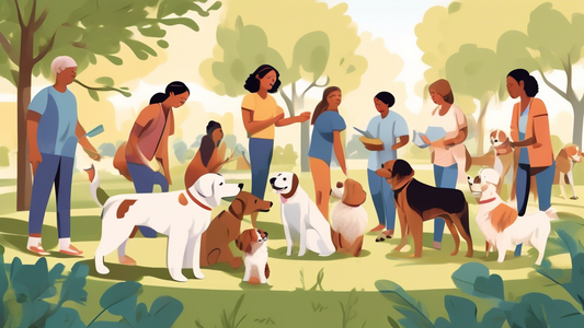 Create a detailed, heartwarming illustration showing a diverse group of dog owners working with their pets in a scenic park. The dogs are of various breeds and sizes, visibly engaged in structured tra