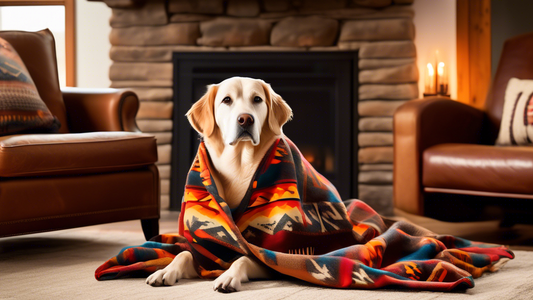 A cozy and content dog wrapped in a stylish Pendleton Dog Blanket, set in a rustic living room with a warm fireplace glowing in the background. The blanket features classic Pendleton patterns and rich