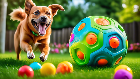 A vibrant scene featuring a happy dog playing with the innovative BarxBuddy Ball in a colorful backyard. The dog is shown actively engaging with the ball, which has interactive features like lights an