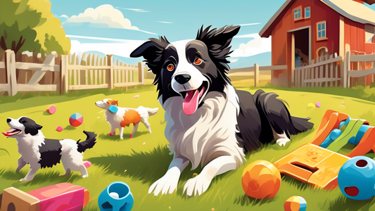 A cheerful border collie playing with a variety of colorful and engaging dog toys in a sunlit grassy backyard. The toys include squeaky sheep-shaped toys, durable chew toys, and interactive puzzle toy