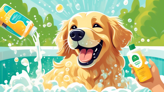 A vibrant, close-up illustration of a happy golden retriever being bathed with foamy, bubble-filled Chewy dog shampoo in a lush, green backyard on a sunny day. The label on the shampoo bottle shows he