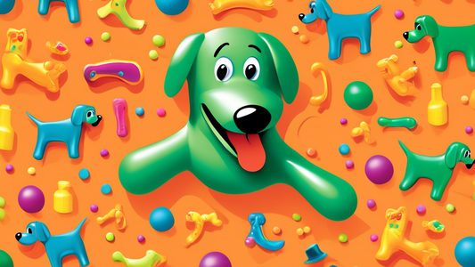 Create an image of a happy, playful dog enthusiastically playing with a Gumby dog toy. The scene should show a cozy living room with bright colors, a comfy dog bed, and scattered dog toys. The dog, a 