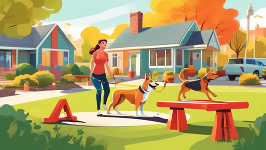 Create an image depicting a cheerful, experienced personal dog trainer working closely with a happy dog in a bright, well-maintained outdoor training area. Include training equipment such as agility o