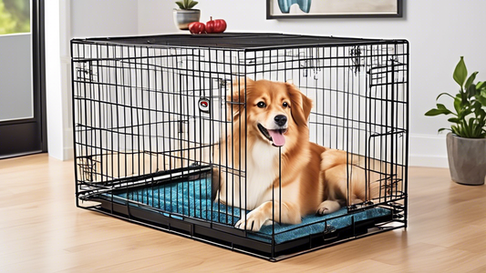 An informative and visually appealing display showcasing different 42x28x30 dog crates, featuring varied designs, materials, and colors. Each crate is labeled with key features, such as ventilation, d