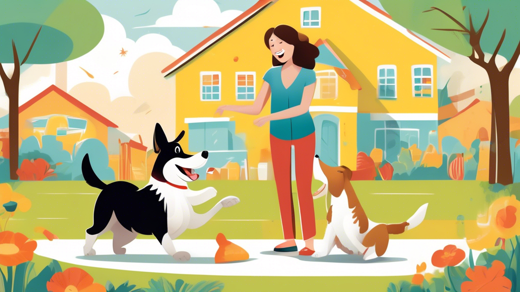 Illustration of a joyful dog performing various simple tricks such as sitting, shaking hands, and rolling over, guided by a smiling owner in a cheerful backyard setting with clear step-by-step instruc