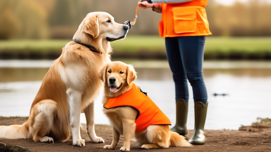 Create an image of a serene countryside setting with a novice dog trainer standing next to a Golden Retriever. The trainer is holding a training whistle, while the dog wears a bright orange training v