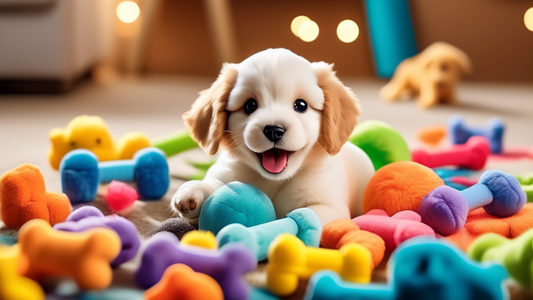 A vibrant image featuring an assortment of top-rated puppy toys arranged in an inviting play area. The scene includes colorful chew toys, interactive puzzle games, and plush stuffed animals. In the ba