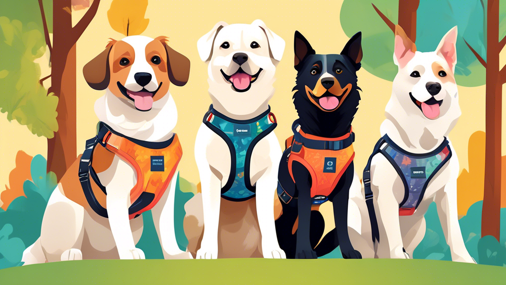 Create a detailed digital illustration showing a variety of medium-sized dogs wearing different types of harnesses designed to prevent pulling. The dogs should look comfortable and happy, walking with