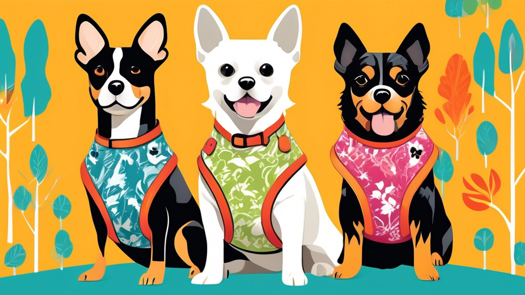 Create an image featuring a variety of stylish and trendy dog harnesses showcased on different breeds of dogs, each posing playfully in a fashionable, colorful park setting. Highlight the unique desig