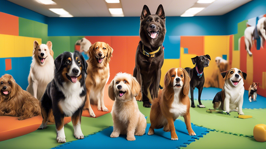 Create an image featuring a diverse group of dogs in a vibrant, well-equipped training facility. The dogs are engaging in various training activities such as obedience, agility, and socialization, wit