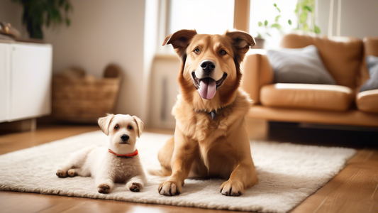 Create an image of a friendly, well-behaved dog in a comfortable home setting, sitting calmly beside its owner who is using positive reinforcement techniques, such as giving treats or praise. Include 