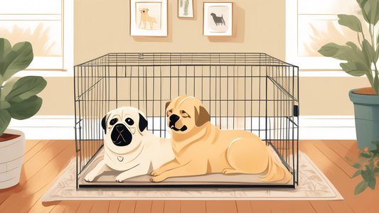 Digital illustration of a double dog crate with a divider, showing two cheerful, well-behaved dogs – a golden retriever and a pug – comfortably resting on separate sides. The crate is placed in a cozy