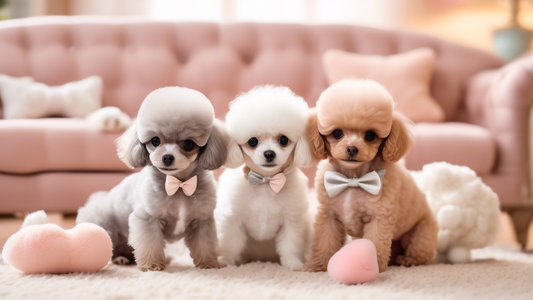 A heartwarming scene featuring several adorable, tiny teacup poodle puppies playing together in a cozy, pastel-colored living room. The puppies are fluffy, with soft fur in various shades of white, ap