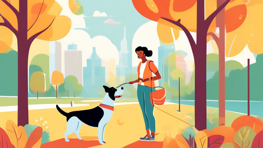 Create an image of a joyful dog in a scenic park setting, wearing a well-fitted training harness. Illustrate a pet owner standing nearby, smiling and holding the leash, showing clear, positive interac