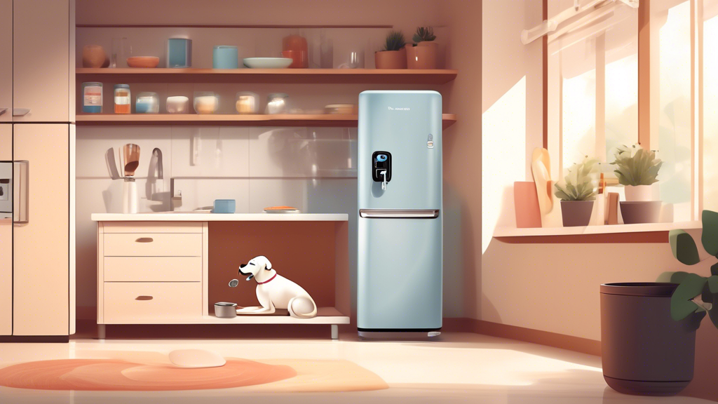 Create an image of a modern kitchen with a sleek, automatic timed water dispenser for dogs. The dispenser should have a digital timer and be placed next to a cozy dog bed, where a happy dog is drinkin
