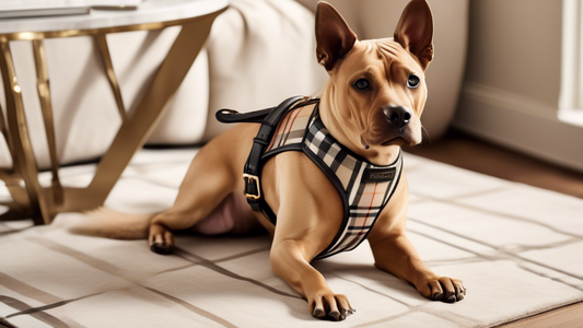 An image of a chic and stylish dog wearing a high-end Burberry dog harness, featuring the iconic Burberry plaid pattern. The dog is a well-groomed breed, sitting comfortably on a luxurious, plush dog 