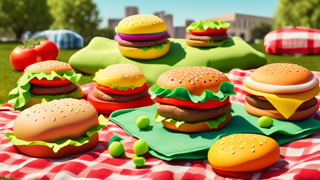 A collection of realistic and colorful dog toys shaped like gourmet hamburgers, each with playful details like lettuce, cheese, and tomato, arranged on a picnic blanket in a sunny park setting. Dogs o