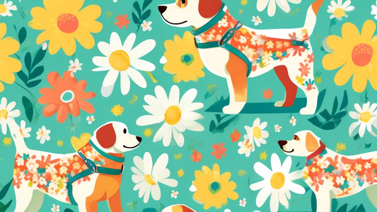 Create a bright, cheerful image of a daisy-patterned dog harness displayed on a happy, energetic dog. The scene should be set in a sunlit garden filled with blooming flowers and greenery, capturing th