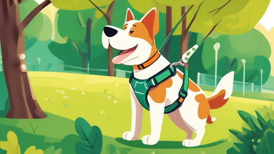 An image of a happy dog wearing a stylish and comfortable hip harness while walking in a beautiful park. The harness is designed to provide support and relieve hip issues, with padding and adjustable 