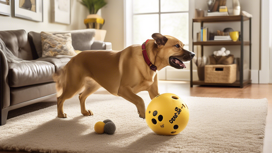 Create a high-quality image of a dog enthusiastically playing with a Starmark Everlasting Treat Ball in a well-lit, cozy living room setting. The dog should look happy and engaged, showing how much it