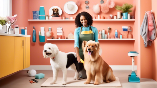 Create an image that showcases essential dog grooming apparel for pet owners. Include items such as grooming gloves, a dog grooming apron, trimming scissors, a pet brush, and a nail clipper. The setti