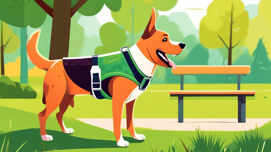 A cheerful dog standing in a park, wearing a stylish, well-fitted vest harness. The harness has adjustable straps and light-reflective material for safety. The dog looks happy and comfortable, with gr