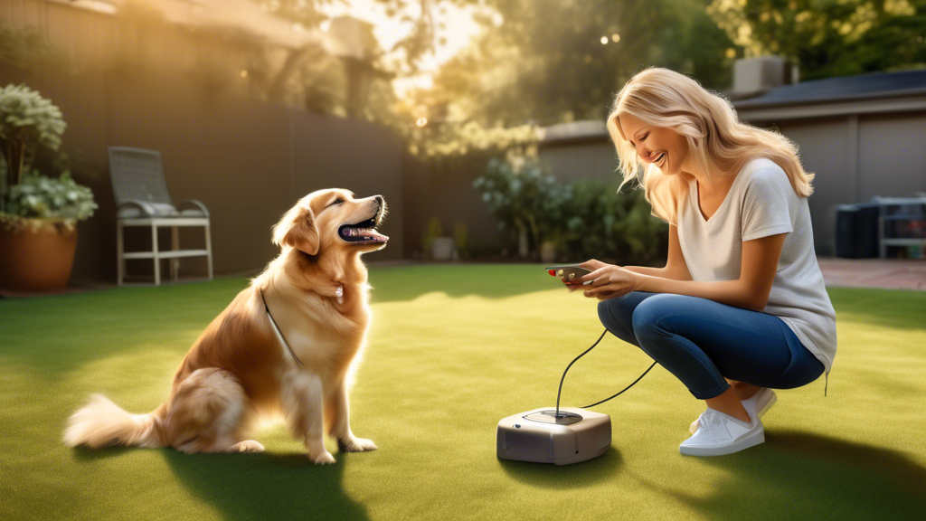 Create a photorealistic image of a person training a happy, attentive dog using an ultrasonic dog training device in a spacious, well-lit backyard. The person is smiling and focused, holding a small d