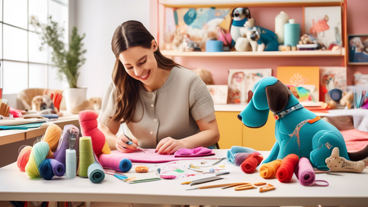 A charming scene of a cozy, well-organized craft room where a person is designing and creating a personalized dog toy for their furry friend. The table is filled with colorful fabrics, sewing tools, a