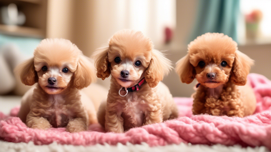 Create a heartwarming image featuring a group of adorable teacup poodles in a cozy, well-lit room. The puppies should be playfully interacting with each other on a soft, colorful blanket. Surrounding 