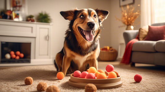 Create an image of a happy and playful dog in a cozy living room, eagerly anticipating its Kong ball being stuffed with various delightful treats. The Kong ball should be shown with different fillings