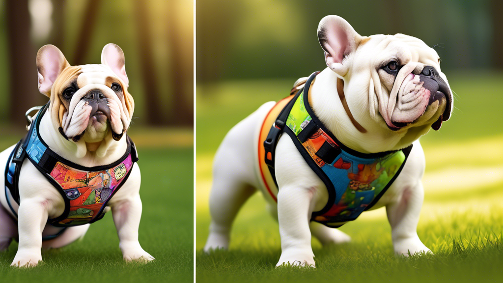 Create an image featuring a variety of harnesses designed specifically for bulldogs. Showcase several bulldogs of different colors and sizes wearing these harnesses in a pleasant park setting. The har