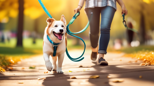 Create an image of a happy dog being walked in a sunny park using a durable, colorful rubber leash. The dog owner is smiling and appears relaxed, showcasing the comfort and control the leash provides.