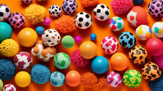 Create an image that shows a collage of different colorful dog balls of various sizes and textures, all neatly arranged on a vibrant background. Include some Amazon branding subtly in the background, 