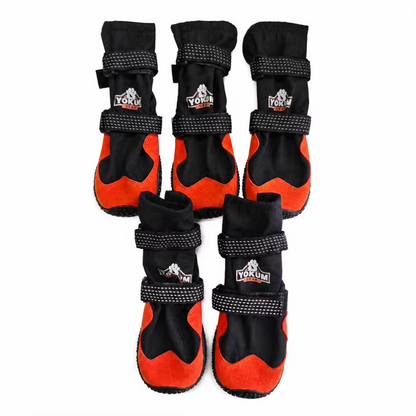 Five orange and black Yokum Gear Dog Boots of the same size standing upright on a white background