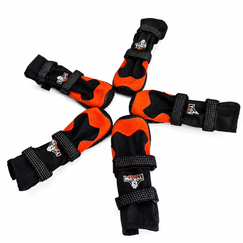 Five Yokum Gear Dog Boots arranged in a fan