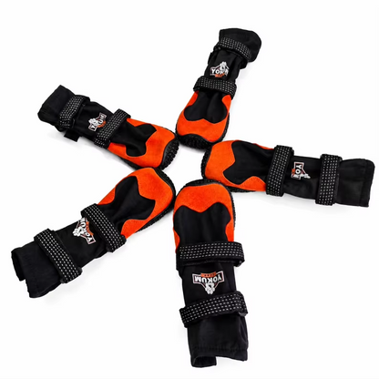 Five Yokum Gear Dog Boots arranged in a fan